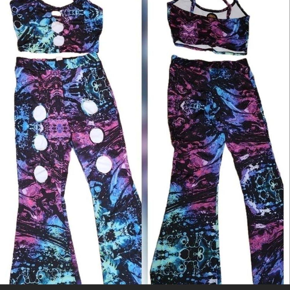 Galaxy Marble Two-Piece Set - Crop Top & Flared Pants in Blue & Purple